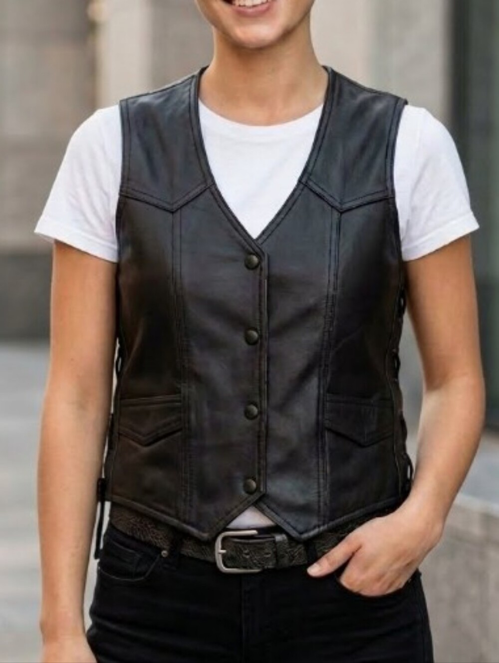 River Road Classic Women's Leather Vest - Black Size M